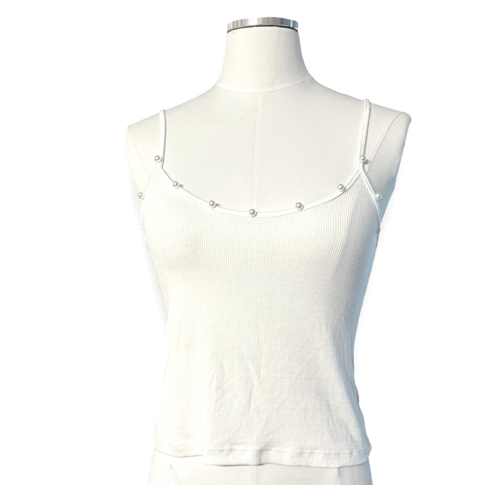 EMMA & SAM Pearl Trimmed White Cropped Ribbed Tank